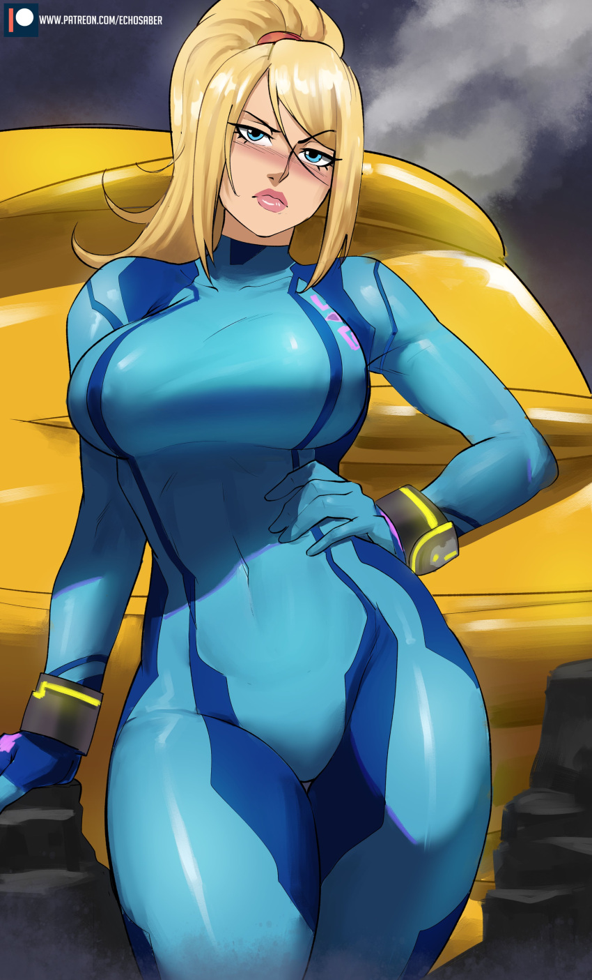 1girl absurdres alternate_breast_size arm_support bangs blonde_hair blue_bodysuit blue_eyes blush bodysuit breasts closed_mouth clouds cloudy_sky covered_navel covered_nipples day echo_saber english_commentary eyebrows_visible_through_hair hand_on_hip head_tilt high_ponytail highres impossible_bodysuit impossible_clothes large_breasts leaning_to_the_side lips long_hair long_sleeves metroid nose_blush outdoors patreon_logo raised_eyebrow samus_aran skin_tight sky solo swept_bangs thigh_gap turtleneck watermark web_address zero_suit