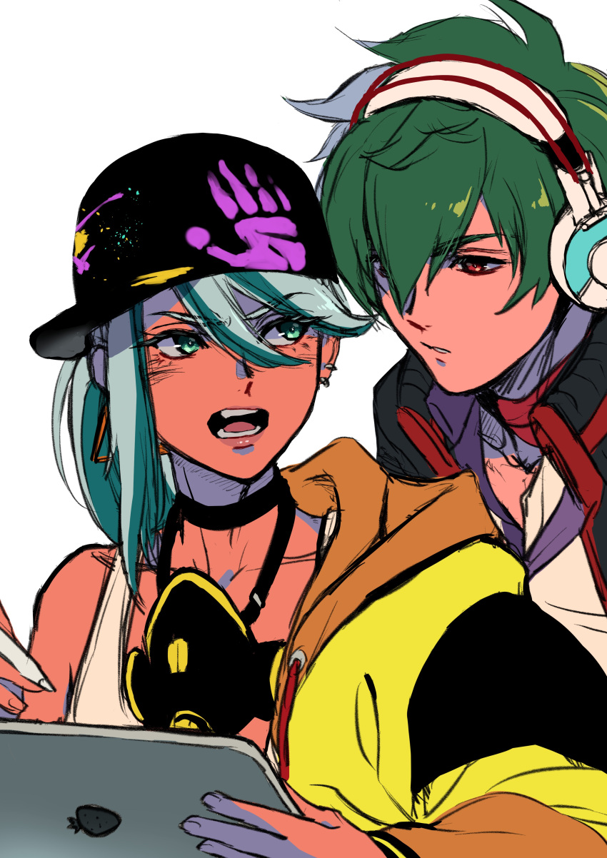 1boy 1girl absurdres beniazumaru dark_skin drawing_tablet eyebrows_visible_through_hair green_hair headphones highres holding holding_stylus isla_(kof) mask mask_around_neck multicolored_hair oversized_clothes red_eyes respirator shun'ei stylus tablet_pc tank_top the_king_of_fighters the_king_of_fighters_xv