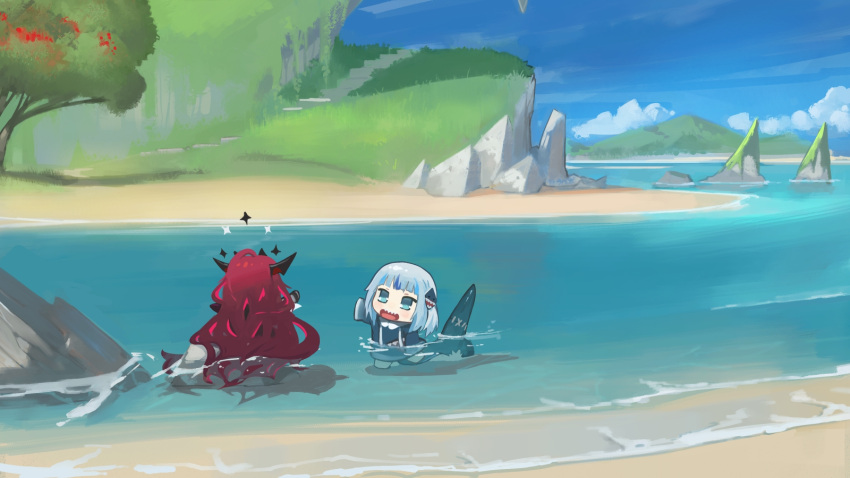 2girls bangs beach bite_mark blue_eyes blue_hair blue_hoodie blunt_bangs chibi cliff commentary english_commentary fish_tail gawr_gura grass hair_ornament highres hololive hololive_english hood hoodie horns in_water irys_(hololive) landscape long_hair long_sleeves medium_hair multicolored_hair multiple_girls nature ocean open_mouth paintrfiend redhead rock sand shark_girl shark_hair_ornament shark_tail sharp_teeth silver_hair sky sleeves_past_wrists sloud streaked_hair tail teeth tree two_side_up very_long_hair virtual_youtuber water wide_sleeves wings