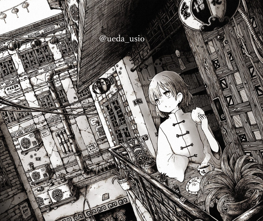 1girl balcony closed_mouth cup earrings eating greyscale jewelry looking_away monochrome original plant potted_plant railing scenery short_hair stud_earrings tea teacup twitter_username usio_ueda