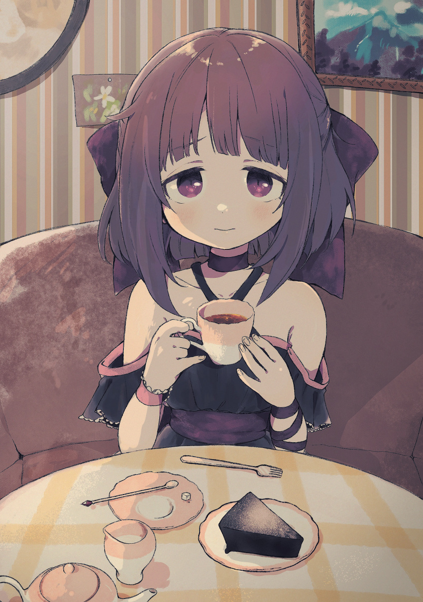 1girl absurdres bangs black_dress bow brown_hair cake cake_slice chair choker commission couch criss-cross_halter cup dress eyebrows_visible_through_hair facing_viewer fallenshadow flat_chest food frills hair_bow halterneck highres holding holding_cup indie_virtual_youtuber indoors loli looking_at_viewer nervous_smile no1shyv non-web_source off_shoulder pink_bow pink_eyes plate ribbon short_hair short_sleeves sidelocks single_wrist_cuff sitting skeb_commission smile solo_focus tea teacup virtual_youtuber wrist_cuffs