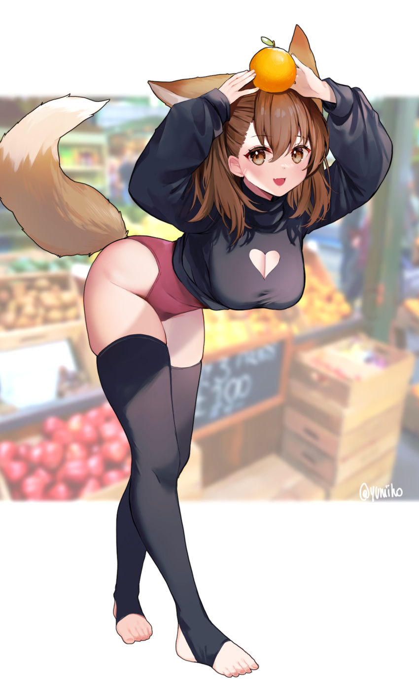 1girl :d animal_ears annytf arms_up bangs black_legwear black_sweater blurry blurry_background brown_eyes brown_hair cleavage_cutout clothing_cutout commentary extra_ears fang food food_on_head fruit fruit_on_head hair_between_eyes highres holding holding_food holding_fruit indie_virtual_youtuber leaning_forward legs leotard looking_at_viewer market object_on_head open_mouth orange_(fruit) red_leotard skin_fang smile solo standing sweater symbol-only_commentary tail thigh-highs thighs virtual_youtuber yuniiho