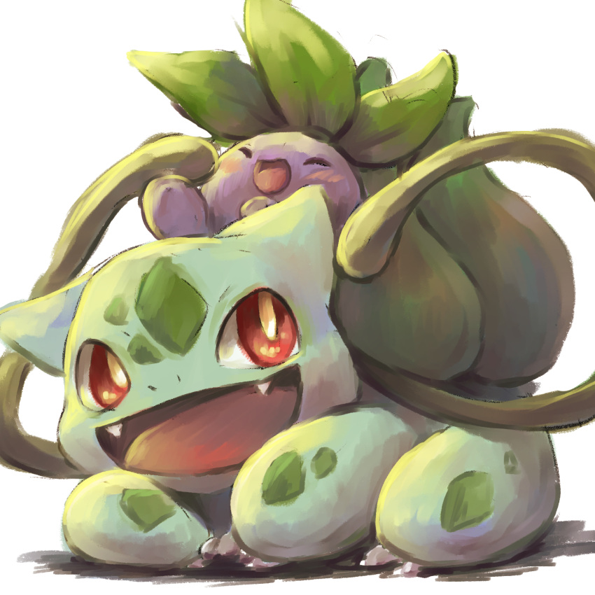 :d blush bulbasaur closed_eyes commentary fangs happy highres looking_up misonikomiii no_humans oddish open_mouth plant pokemon red_eyes shadow sharp_teeth simple_background sitting smile teeth vines white_background