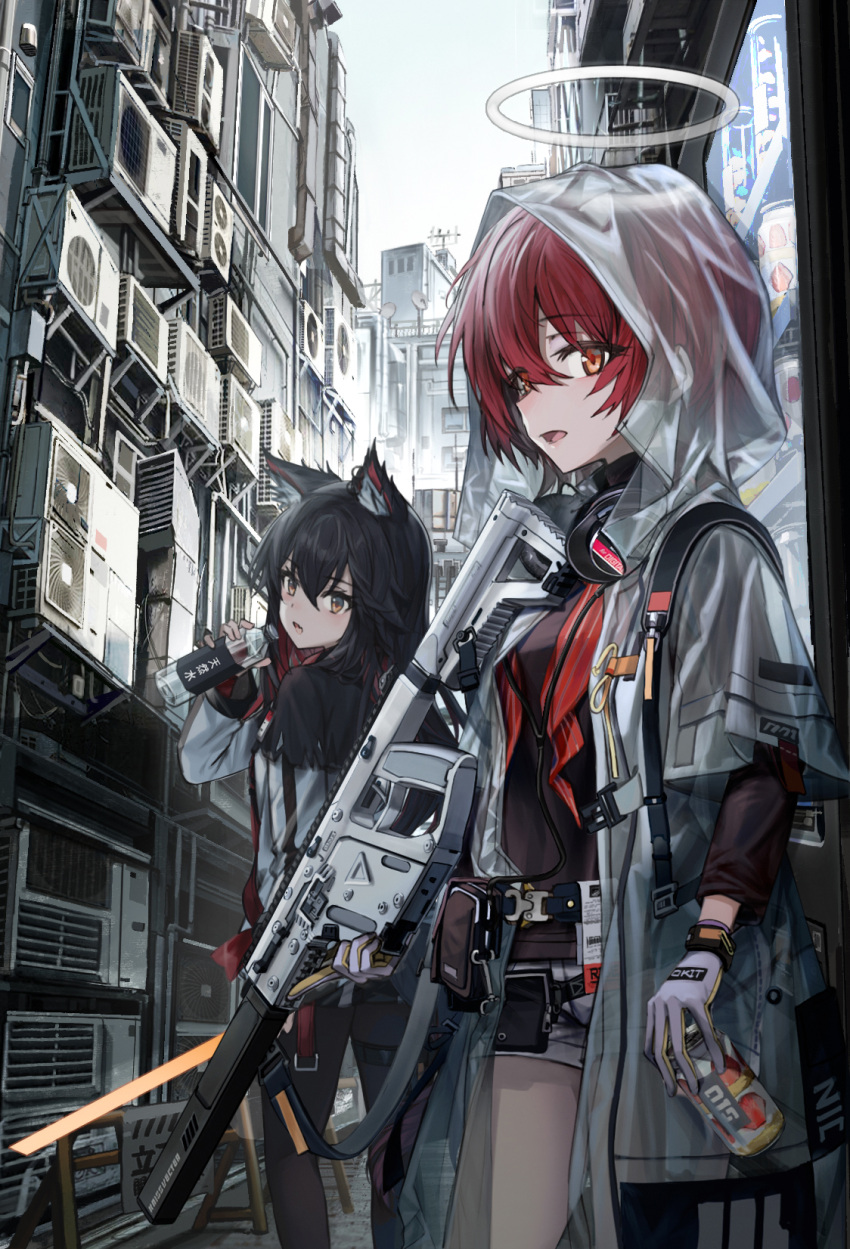 2girls air_conditioner animal_ear_fluff animal_ears arknights bangs belt black_hair black_legwear bottle can city commentary_request exusiai_(arknights) eyebrows_visible_through_hair feet_out_of_frame gloves gun hair_between_eyes halo headphones headphones_around_neck highres holding holding_bottle holding_can holding_weapon jacket kriss_vector long_hair long_sleeves looking_at_viewer multiple_girls open_mouth orange_eyes pantyhose redhead satellite_dish shirt short_hair shorts smile submachine_gun texas_(arknights) veerinly weapon white_gloves white_jacket wolf_ears