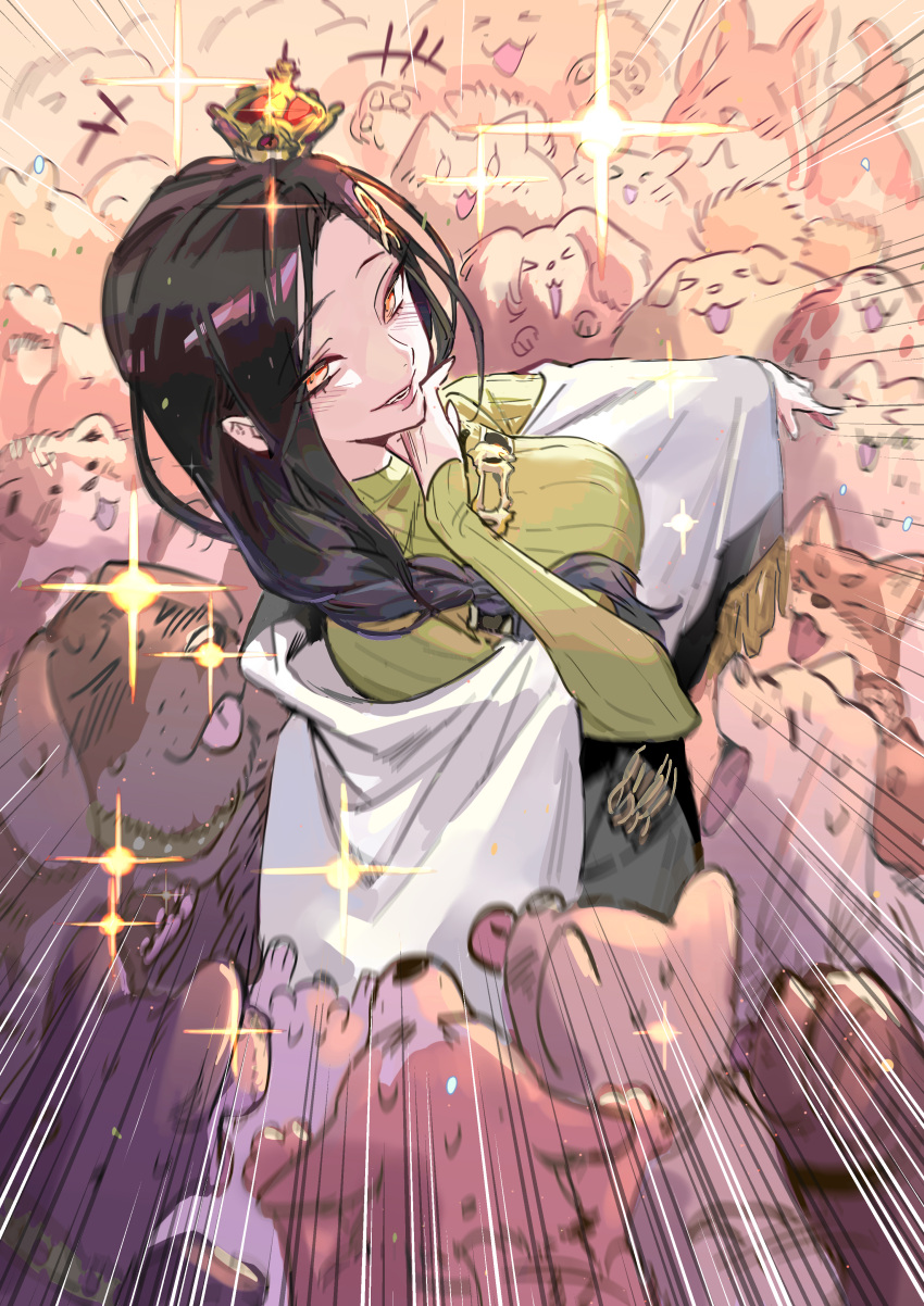 &gt;_&lt; 865791642 absurdres black_hair blush braid crown dog eyebrows_visible_through_hair feet_out_of_frame from_above green_sweater hair_ornament hand_on_own_chin highres long_hair long_sleeves looking_at_viewer nijisanji open_mouth orange_eyes parted_lips red_eyes shirayuki_tomoe smile standing surrounded sweater teeth virtual_youtuber
