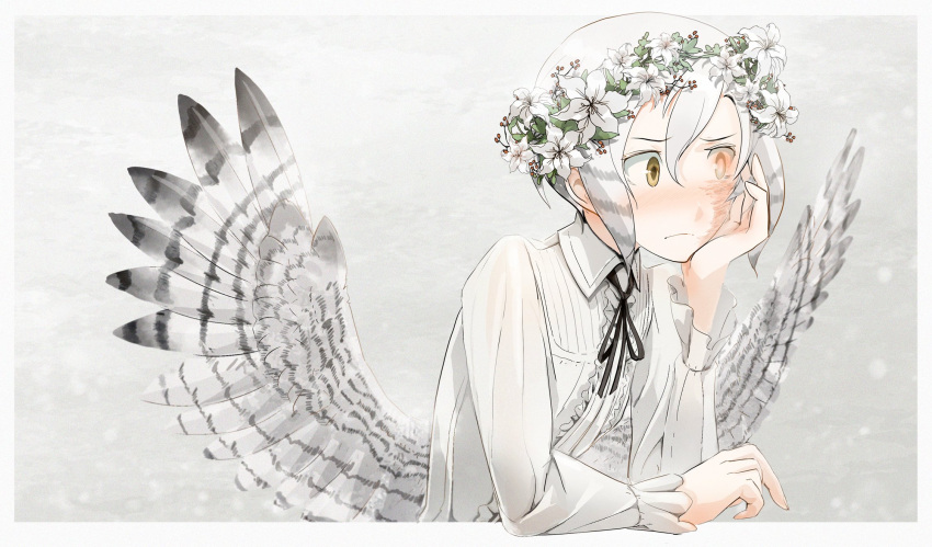 1girl asterisk_kome bird_wings blush burn_scar commentary_request embarrassed frances_royce head_wreath highres looking_away low_wings scar scar_on_face shirt short_hair sitting tagme white_hair white_shirt white_wings winged_fusiliers wings