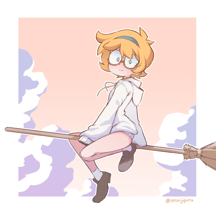 1girl arm_support blonde_hair blue_eyes blue_hairband border bottomless broom broom_riding brown_footwear closed_mouth clouds day english_text freckles full_body glasses hairband highres hood hood_down hoodie little_witch_academia loafers looking_at_viewer lotte_jansson orange_peel_(artist) outline outside_border round_eyewear semi-rimless_eyewear shoes short_hair sidelocks sky sleeves_past_fingers sleeves_past_wrists smile socks solo twitter_username white_border white_hoodie white_legwear white_outline