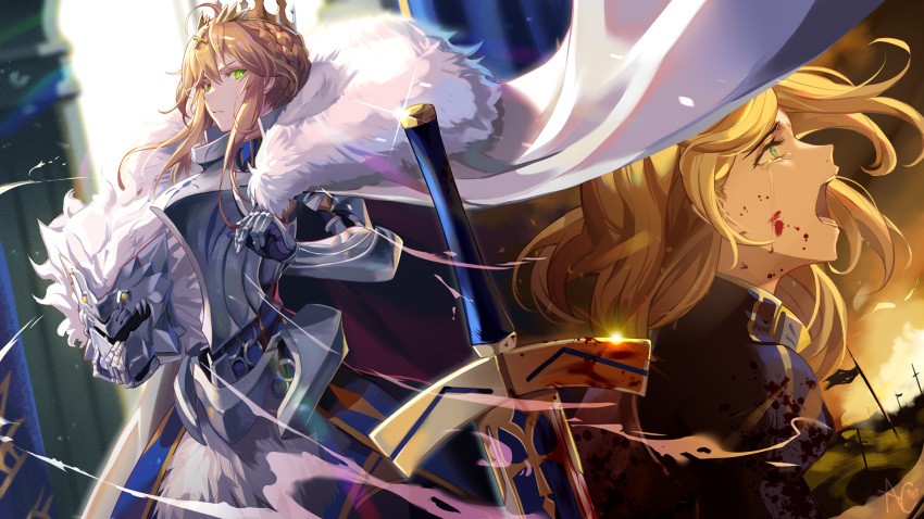 1girl armor armored_dress artoria_pendragon_(fate) artoria_pendragon_(lancer)_(fate) bangs blonde_hair blood blood_on_face blue_eyes braid cape commentary crown crown_braid crying crying_with_eyes_open english_commentary excalibur_(fate/stay_night) fate/grand_order fate_(series) field_of_blades from_side fur-trimmed_cape fur_trim gauntlets green_eyes hair_between_eyes helmet highres holding holding_helmet mixed-language_commentary niac open_mouth saber sidelocks tears