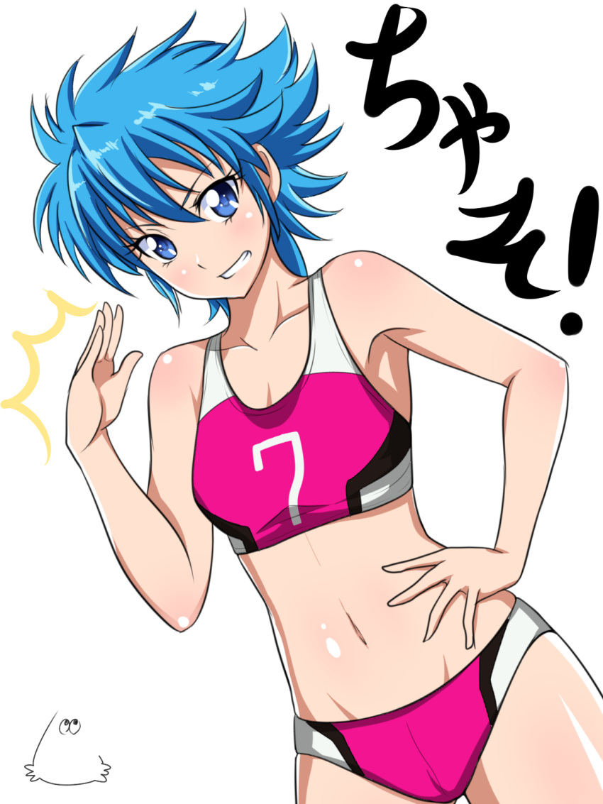 1girl blue_eyes blue_hair blush breasts collarbone eyebrows_visible_through_hair hand_on_hip highres jabara_tornado looking_at_viewer navel nishijima_waon parted_lips precure short_hair small_breasts smile solo spiky_hair sports_bra suite_precure teeth