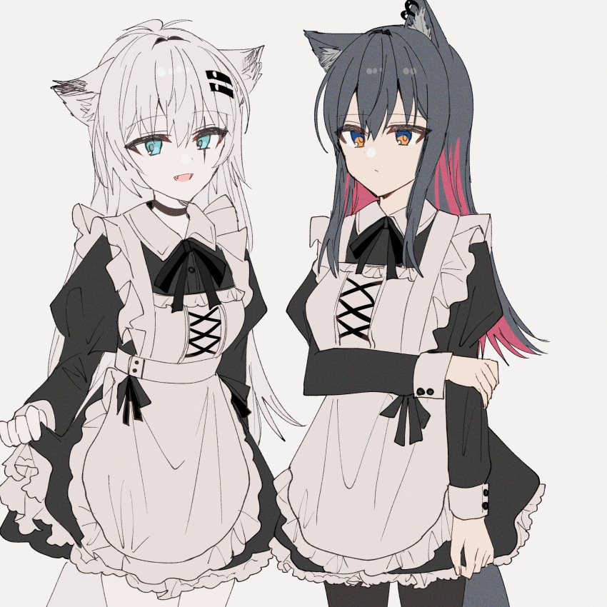 2girls :d alternate_costume animal_ears apron arknights arm_across_chest black_dress black_hair black_legwear black_ribbon blue_eyes chihuri clothes_lift colored_inner_hair cowboy_shot dress dress_lift ear_piercing enmaided fang hair_ornament hairclip highres lappland_(arknights) lifted_by_self long_hair maid multicolored_hair multiple_girls neck_ribbon open_mouth pantyhose piercing redhead ribbon scar scar_across_eye simple_background smile tail texas_(arknights) white_apron white_background white_hair white_legwear wolf_ears wolf_girl wolf_tail yellow_eyes