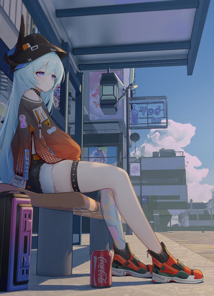 1girl absurdres bench black_headwear black_shorts blue_hair blue_sky bucket_hat bus_stop can casual city cityscape closed_mouth coca-cola contemporary expressionless fur-trimmed_shorts fur_trim hair_between_eyes hat highres honkai_(series) honkai_impact_3rd liliya_olenyeva long_hair multicolored_footwear outdoors red_shirt shadow shirt shoes shorts single_thighhigh sitting sky sneakers soda soda_can thick_eyebrows thigh-highs thigh_strap violet_eyes wood_cube