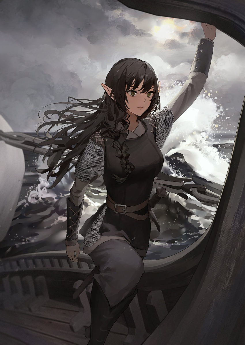 1girl black_hair boat clouds commentary day english_commentary highres holding long_hair ocean original outdoors sailboat ship sky solo sunako_(veera) sword water watercraft weapon