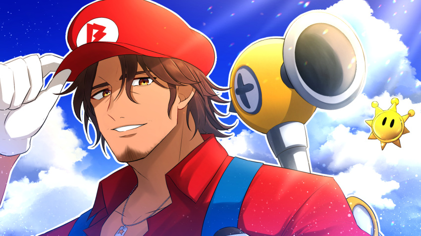 1boy arm_up bangs belmond_banderas blue_sky brown_eyes brown_hair cabbie_hat choco_(chocovix112) clouds cloudy_sky collared_shirt cosplay day eyebrows_behind_hair f.l.u.d.d. gloves hand_on_headwear hat highres looking_at_viewer male_focus mario mario_(cosplay) nijisanji outdoors parted_bangs parted_lips red_headwear red_shirt shirt sky smile solo super_mario_bros. super_mario_sunshine suspenders thick_eyebrows upper_body virtual_youtuber white_gloves