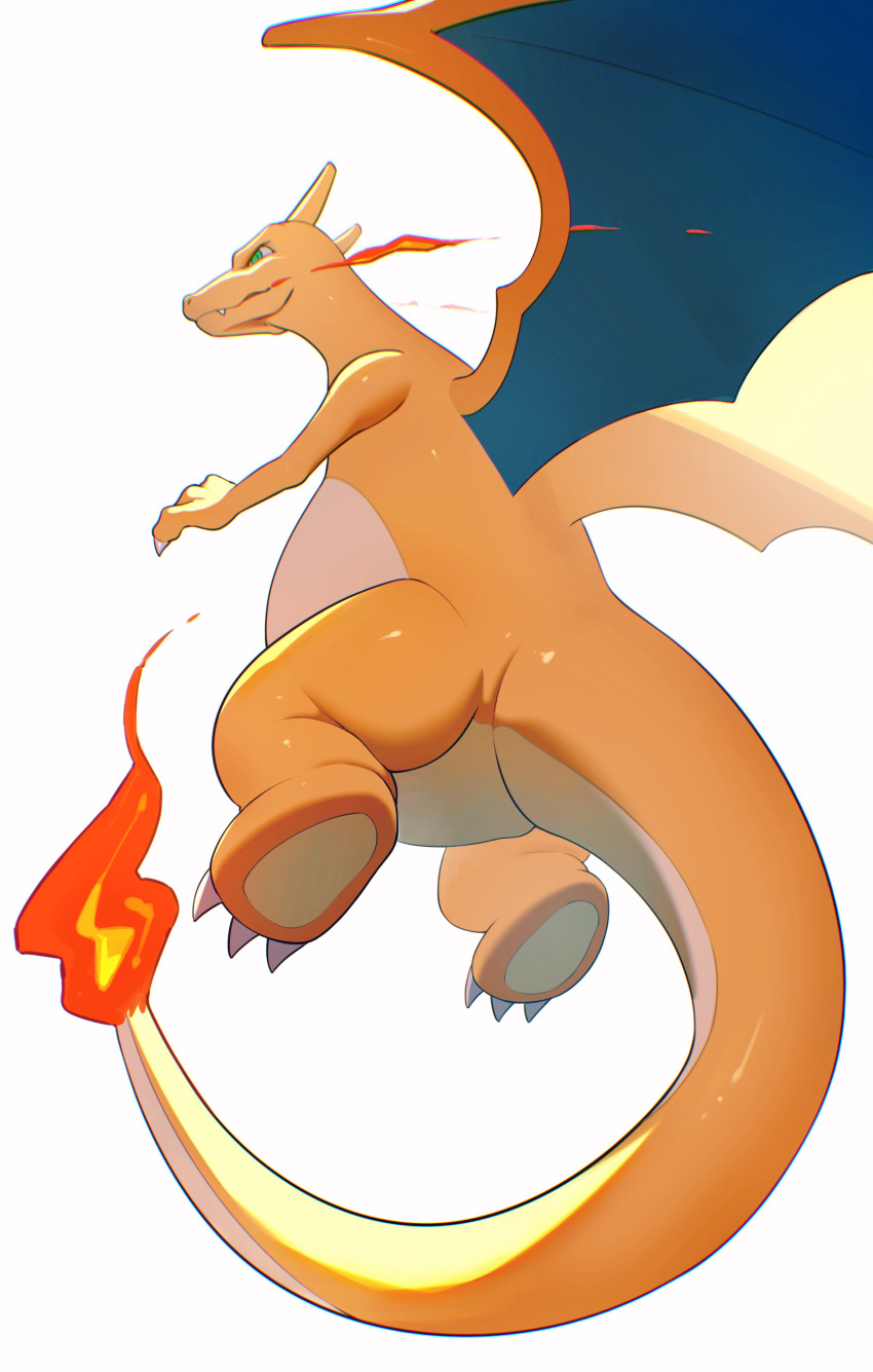 absurdres animal_focus breathing_fire charizard claws commentary_request fang fang_out fire green_eyes highres inos_(b_yyy) no_humans pokemon pokemon_(creature) simple_background solo white_background