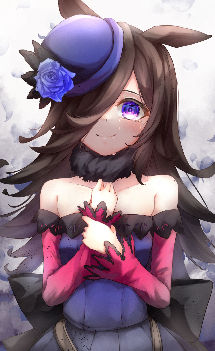 1girl absurdres animal_ears bare_shoulders blue_dress blue_flower blue_headwear blue_rose bow_dress brown_hair calpis118 closed_mouth crying crying_with_eyes_open dress flower fur_collar hair_over_one_eye happy_tears hat hat_over_one_eye highres horse_ears horse_girl long_hair long_sleeves looking_at_viewer off-shoulder_dress off_shoulder rice_shower_(umamusume) rose skindentation smile solo tears tilted_headwear umamusume upper_body violet_eyes