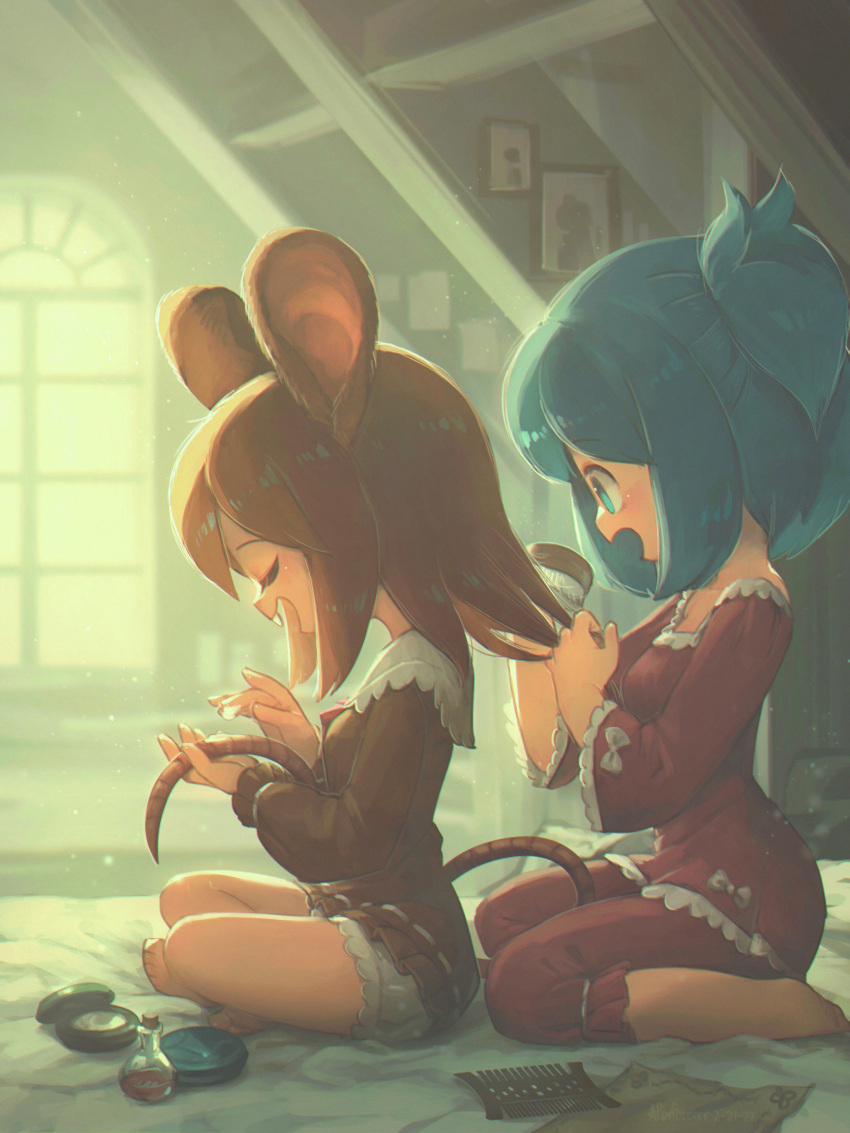 2girls :d absurdres animal_ears aqua_eyes aqua_hair bare_legs barefoot brown_hair brown_pajamas brushing_another's_hair buck_teeth closed_eyes comb commentary day english_commentary flask from_side full_body hair_brush highres holding_own_tail indian_style indoors long_hair long_sleeves morning mouse_ears mouse_girl mouse_tail multiple_girls on_bed one_side_up open_mouth original pajamas pants porforever profile red_pajamas red_pants short_hair sitting smile tail teeth wide_sleeves window