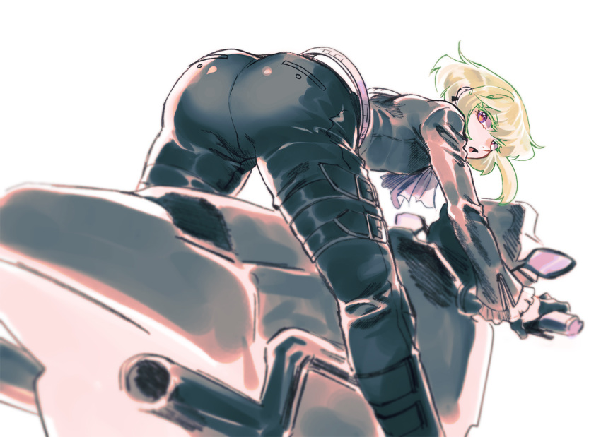 1boy 302 ascot ass bent_over black_jacket blurry depth_of_field gloves green_hair ground_vehicle jacket leaning_forward lio_fotia male_focus motor_vehicle motorcycle promare solo violet_eyes