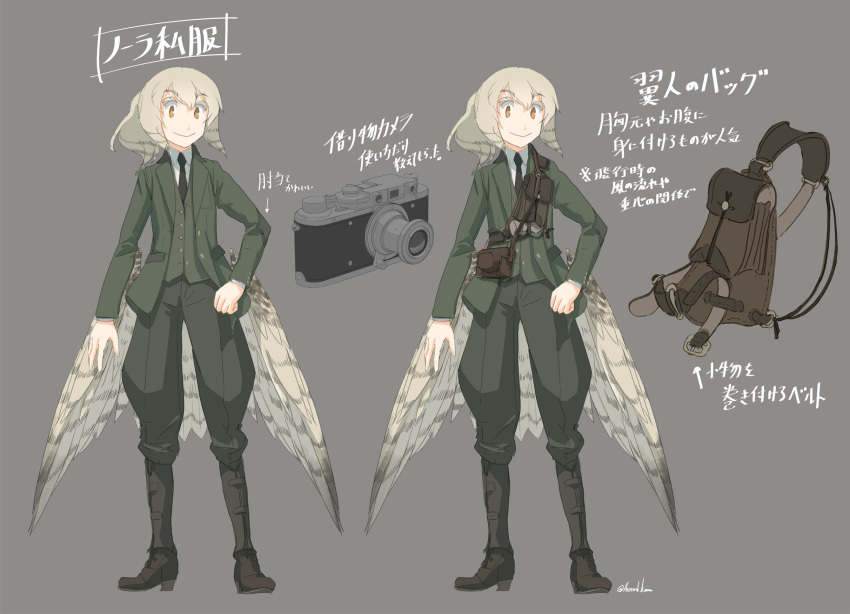 1girl asterisk_kome bag bird_tail bird_wings black_necktie boots brown_footwear camera commentary_request green_jacket green_pants highres jacket low_wings necktie nora_allison orange_eyes pants ponytail signature silver_hair silver_wings smile standing tail winged_fusiliers wings
