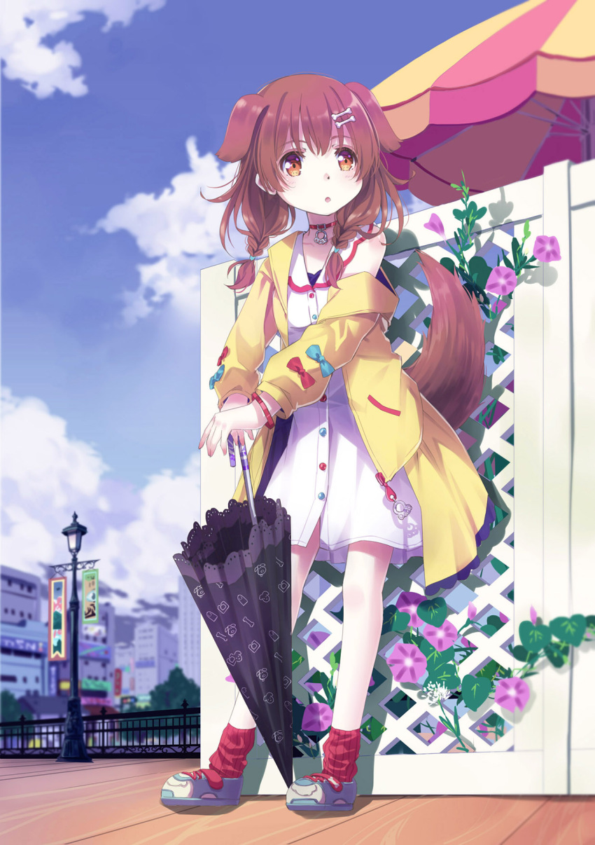 1girl 54hao animal_ears black_umbrella blue_bow blue_footwear blue_sky bone_hair_ornament bow braid brown_eyes brown_hair cartoon_bone closed_umbrella clouds day dog_ears dog_girl dog_tail dress flower hair_ornament hair_over_shoulder highres hololive inugami_korone jacket lamppost long_hair long_sleeves low_twintails off_shoulder open_clothes open_jacket outdoors parasol pink_flower puffy_long_sleeves puffy_sleeves railing red_bow red_legwear ribbed_legwear shoes sky sleeveless sleeveless_dress socks solo tail twin_braids twintails umbrella virtual_youtuber white_dress yellow_jacket