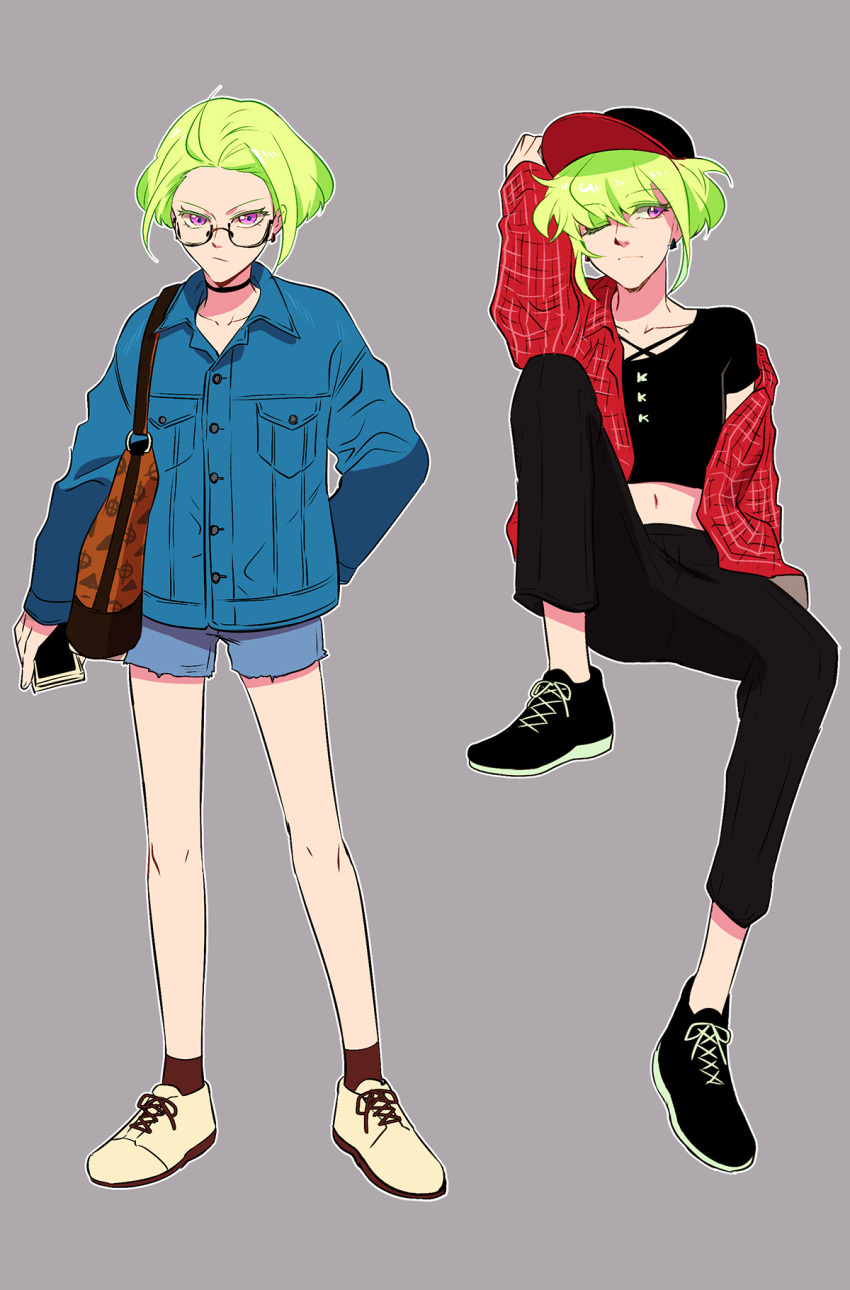 2boys 302 adjusting_clothes adjusting_headwear alternate_costume baseball_cap bespectacled blue_jacket crop_top denim denim_jacket dual_persona earrings full_body glasses green_hair grey_background hat highres jacket jewelry lio_fotia male_focus midriff multiple_boys one_eye_closed plaid plaid_shirt promare shirt shoes shorts sitting sneakers standing violet_eyes
