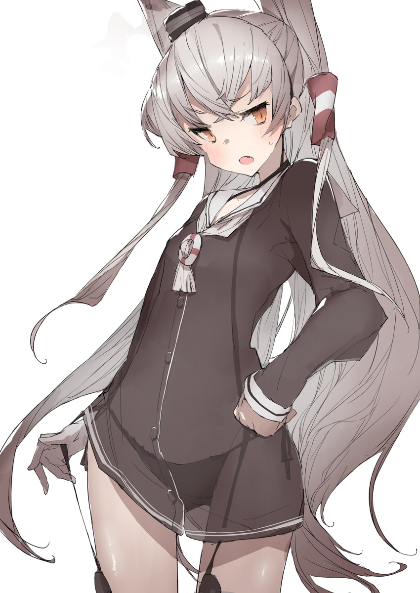 1girl amatsukaze_(kancolle) brown_dress cowboy_shot dress fang garter_straps grey_neckerchief hair_tubes hat highres kantai_collection lifebuoy lifebuoy_ornament long_hair looking_at_viewer mini_hat neckerchief open_mouth ph. sailor_dress see-through short_dress silver_hair simple_background smokestack_hair_ornament solo two_side_up white_background windsock