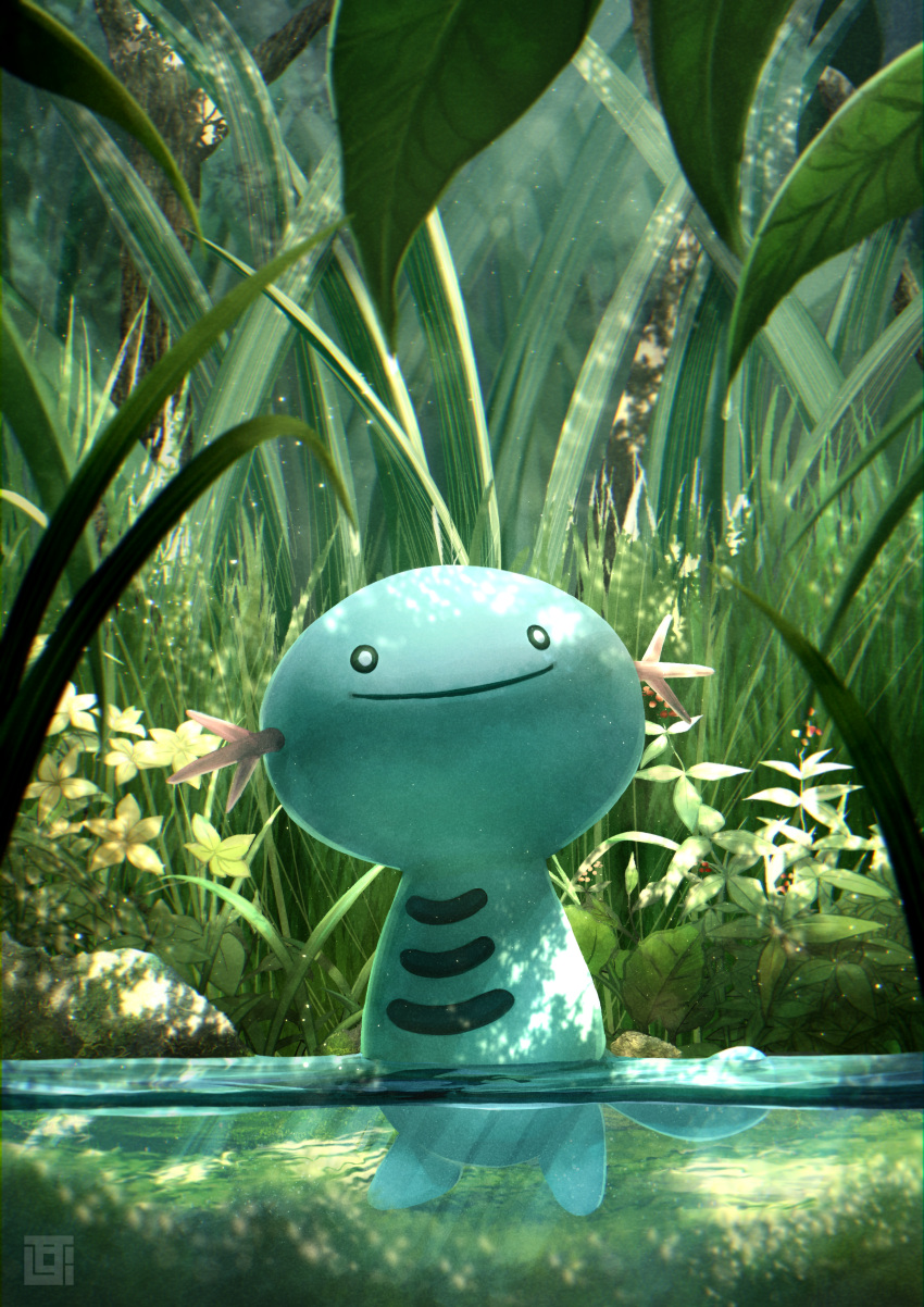 absurdres black_eyes closed_mouth commentary_request day flower highres kozsen_810290 leaf looking_up no_humans outdoors partially_underwater_shot pokemon pokemon_(creature) smile solo standing wading water wooper yellow_flower