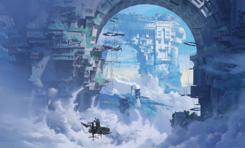 1girl above_clouds absurdres aircraft architecture artist_name bird bridge clouds dated fantasy flying_vehicle highres jef_wu original overgrown ruins scaffolding scenery sky solo