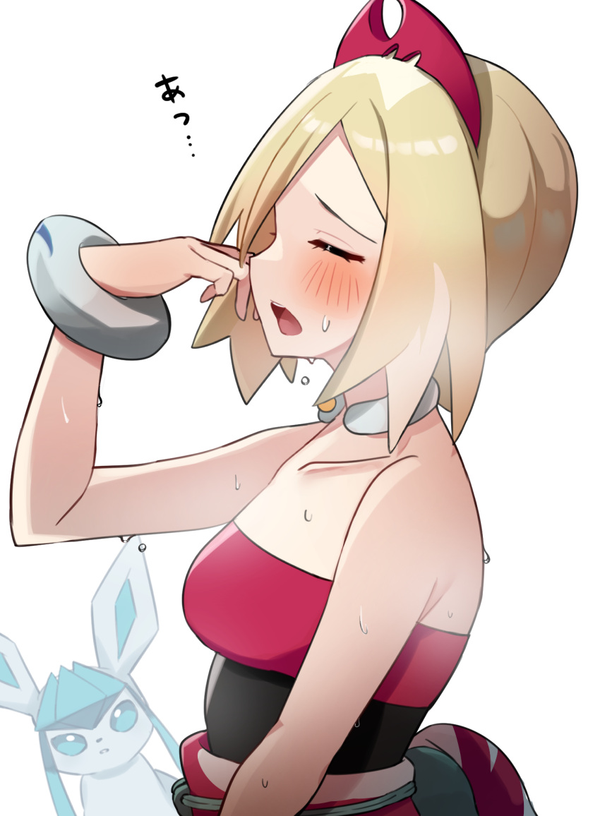 1girl arm_up bangle bangs bare_shoulders blonde_hair blush bracelet breasts closed_eyes collarbone dress dripping glaceon hair_ornament hairclip hand_on_own_face highres irida_(pokemon) jewelry open_mouth pokemon pokemon_(game) pokemon_legends:_arceus short_hair simple_background small_breasts steam sweat thousa_01 translation_request white_background