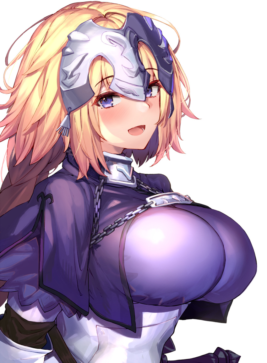 1girl armor armored_dress bangs blonde_hair blue_eyes blush braid breasts fate/apocrypha fate_(series) headpiece highres jeanne_d'arc_(fate) jeanne_d'arc_(fate/apocrypha) large_breasts long_braid long_hair looking_at_viewer ninoude_(ninoude44) open_mouth single_braid smile solo