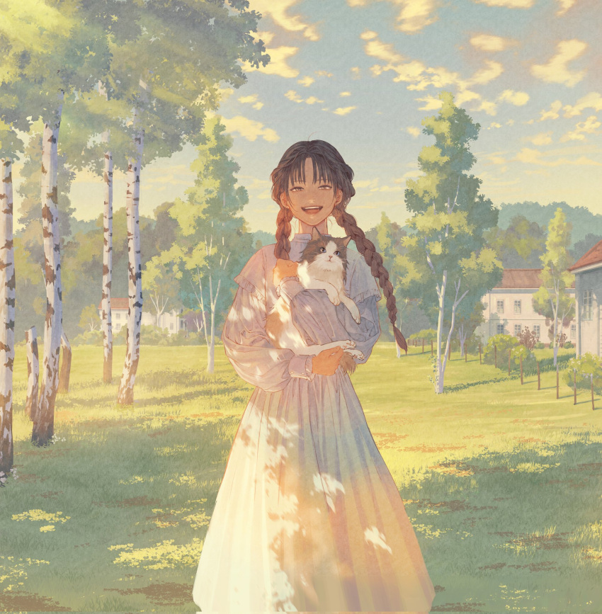 1girl :d animal bangs braid brown_eyes brown_hair cat clouds cloudy_sky commentary dappled_sunlight day dress eyebrows_behind_hair grass highres holding holding_animal holding_cat house imoni_(gggzooo) long_dress long_hair looking_at_viewer open_mouth original outdoors parted_bangs sky smile solo standing sunlight teeth tree twin_braids white_dress