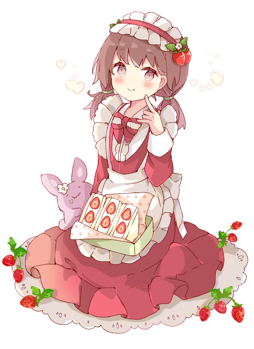 1girl :t animal apron bangs blush bow brown_eyes brown_hair center_frills closed_mouth collared_shirt commentary dress eating eyebrows_visible_through_hair food frilled_apron frilled_hairband frills fruit full_body hairband heart highres long_hair long_sleeves looking_at_viewer low_twintails original rabbit red_bow red_dress red_hairband sandwich shirt solo strawberry symbol-only_commentary tsukiyo_(skymint) twintails white_apron white_background white_shirt