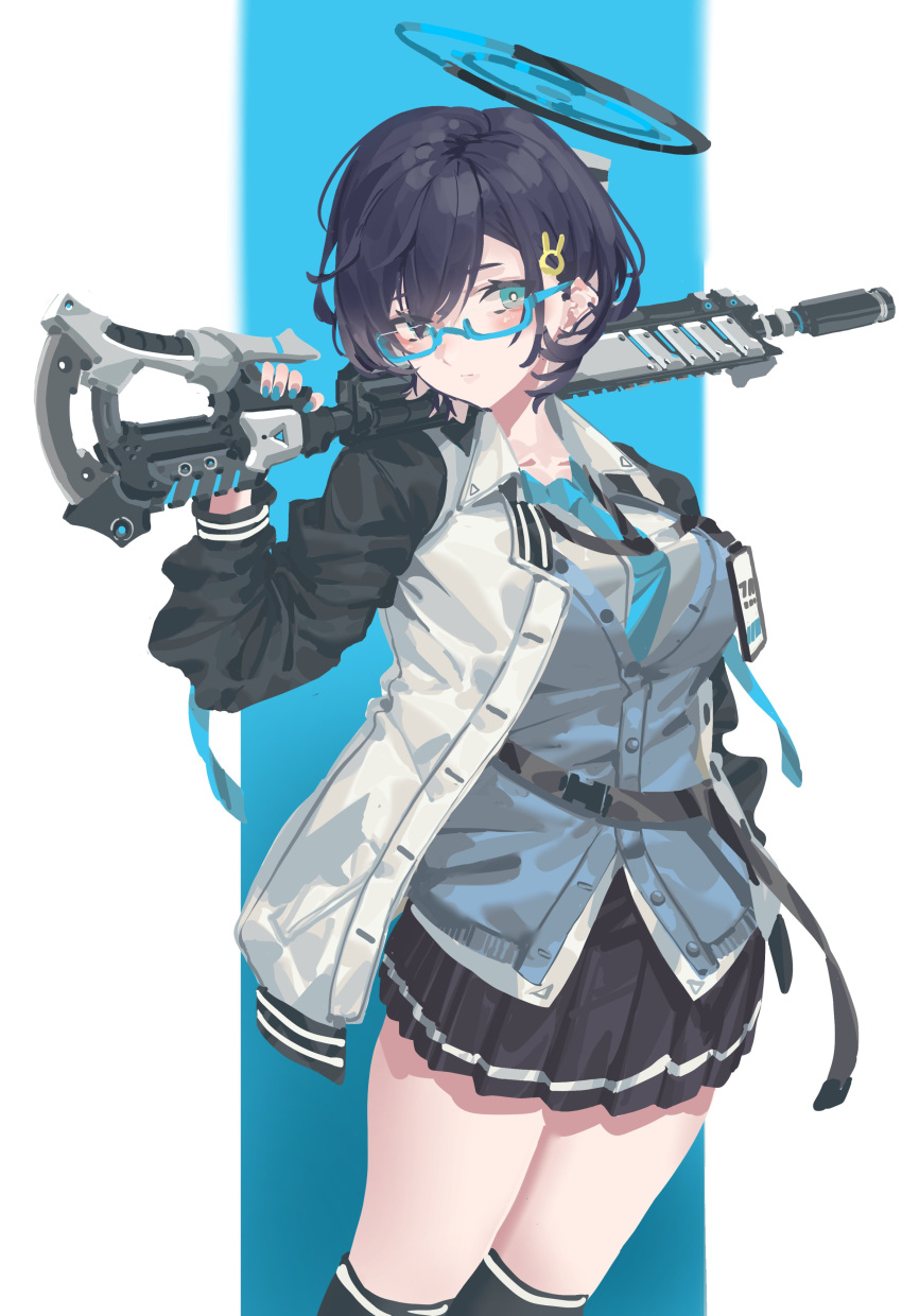 1girl absurdres aqua_eyes aqua_necktie bangs black_hair black_legwear black_skirt blue_archive blue_nails blush breasts cardigan chihiro_(blue_archive) closed_mouth glasses gun hair_ornament hairclip halo highres holding holding_gun holding_weapon jacket kazukingu kneehighs large_breasts long_sleeves nail_polish necktie pleated_skirt short_hair simple_background skirt solo two-tone_background weapon