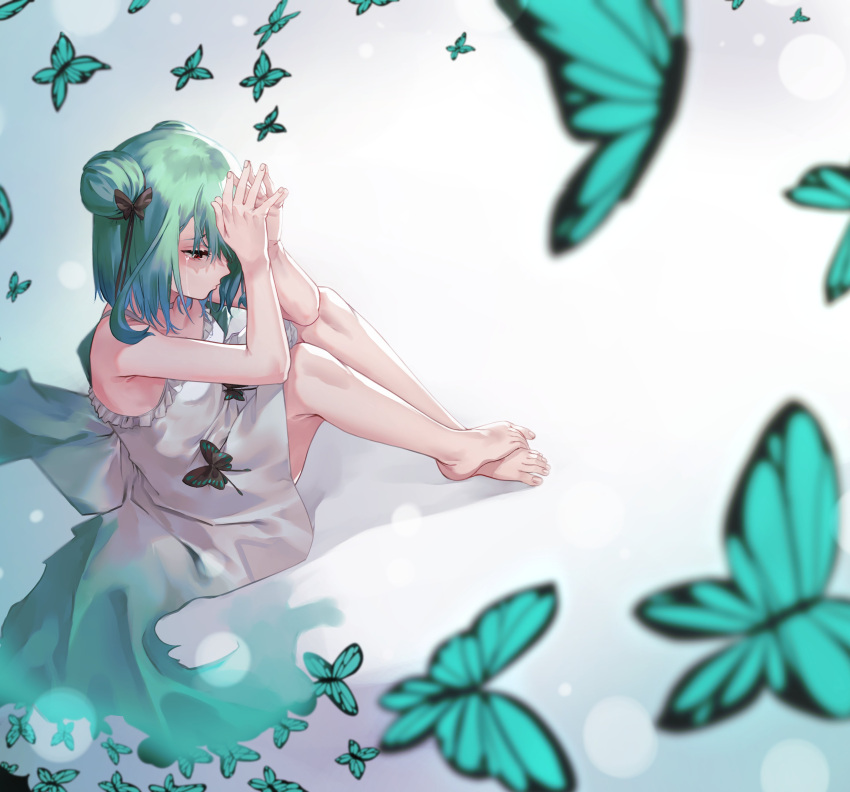 1girl absurdres bangs bare_arms bare_legs barefoot black_ribbon blue_hair bug butterfly choker commentary_request crying crying_with_eyes_open double_bun dress eredhen from_above full_body green_butterfly green_hair hair_ribbon highres hololive multicolored_hair red_eyes ribbon sitting solo steepled_fingers streaked_hair tears uruha_rushia virtual_youtuber white_background white_choker white_dress