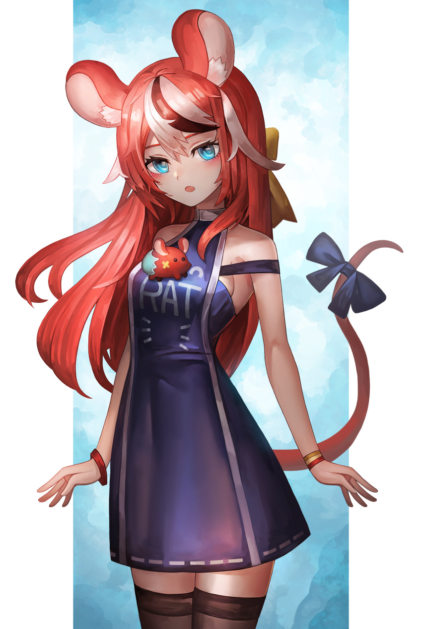 1girl absurdres animal_ear_fluff animal_ears bangs bare_shoulders black_hair blue_bow blue_dress blue_eyes blush bow bracelet breasts brown_legwear commentary_request dress hakos_baelz highres hololive hololive_english jewelry long_hair looking_at_viewer medium_breasts mouse_ears mouse_girl mouse_tail mr._squeaks_(hakos_baelz) multicolored_hair parted_lips redhead solo streaked_hair tail tail_bow tail_ornament tail_raised thigh-highs virtual_youtuber white_hair ziteng_yue