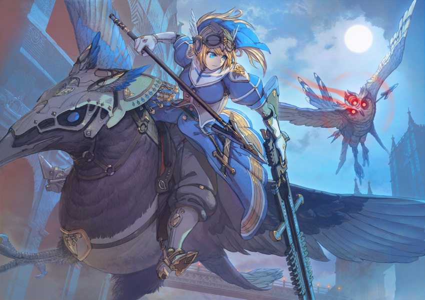 1girl barding bird blonde_hair blue_dress blue_eyes closed_mouth dress flying full_moon gauntlets goggles goggles_on_head gun highres holding holding_gun holding_weapon juliet_sleeves kondou_totetsu long_sleeves moon original outdoors owl polearm puffy_sleeves solo spear weapon