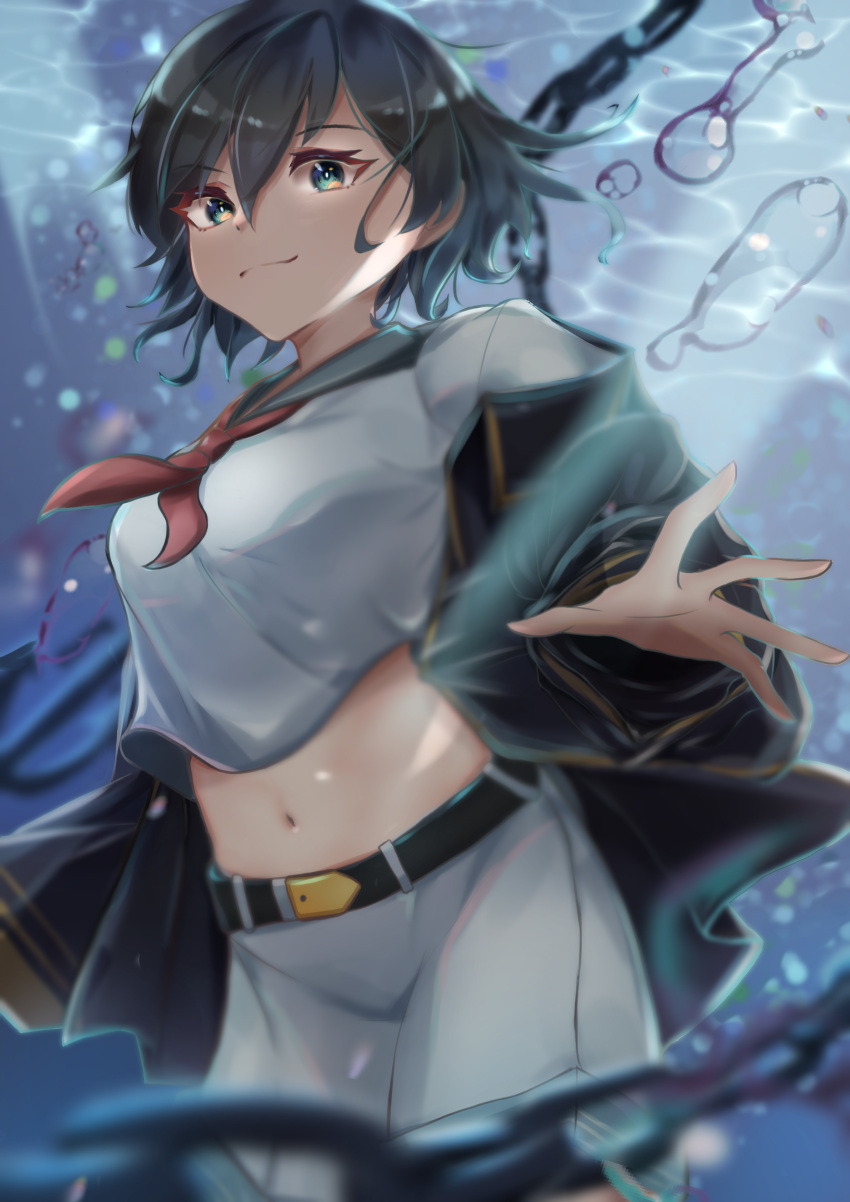 1girl absurdres air_bubble anchor black_hair black_jacket black_vest breasts bubble chain closed_mouth commentary_request cowboy_shot green_eyes green_sailor_collar happy highres jacket long_sleeves medium_breasts midriff murasa_minamitsu navel neckerchief palulap red_neckerchief sailor_collar sailor_shirt shirt short_hair short_sleeves shorts smile stomach touhou underwater vest white_shirt white_shorts