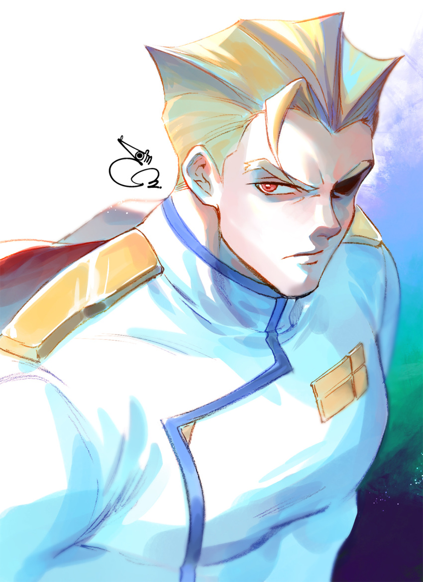1boy 302 blonde_hair cape frown hair_strand highres kray_foresight male_focus military military_uniform pectorals promare red_eyes solo tight uniform upper_body