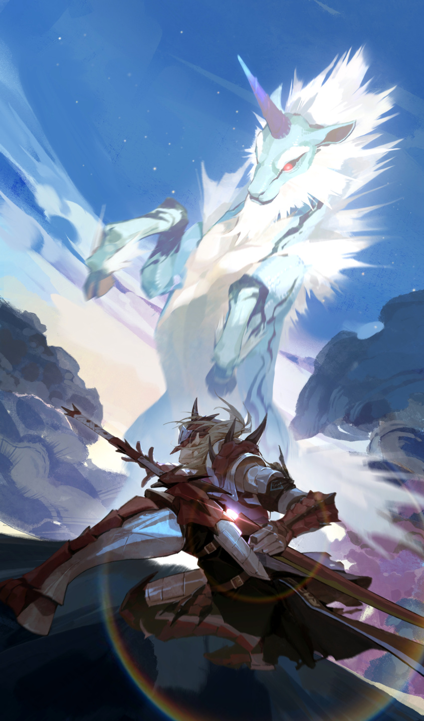 1boy absurdres arknights armor battle blonde_hair chinese_commentary clouds commentary_request crossover day floating_hair highres holding holding_sheath holding_sword holding_weapon horns kirin_(monster_hunter) mask monster monster_hunter_(series) noir_corne_(arknights) oni_horns qilin_(mythology) rathalos_(armor) rathalos_s_noir_corne_(arknights) red_armor sanbai_jin_ye_da_mao sheath short_hair single_horn sky sword unsheathing weapon
