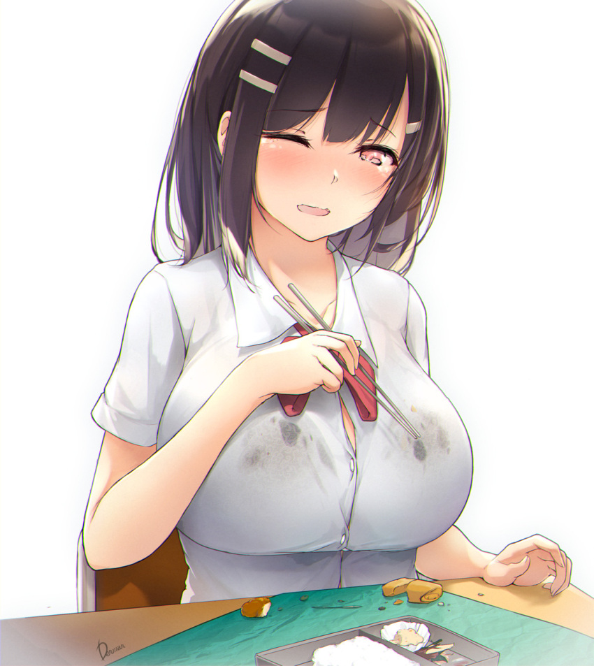 1girl bangs bento black_hair bra_visible_through_clothes bralines breasts brown_hair bursting_breasts chair chopsticks collarbone commentary_request dermar desk eyebrows_visible_through_hair food_on_clothes hair_ornament highres holding holding_chopsticks large_breasts looking_at_viewer medium_hair omelet one_eye_closed open_mouth original rice school_chair school_desk school_uniform see-through shirt short_sleeves signature simple_background sitting solo uniform wet wet_clothes wet_shirt white_background white_shirt