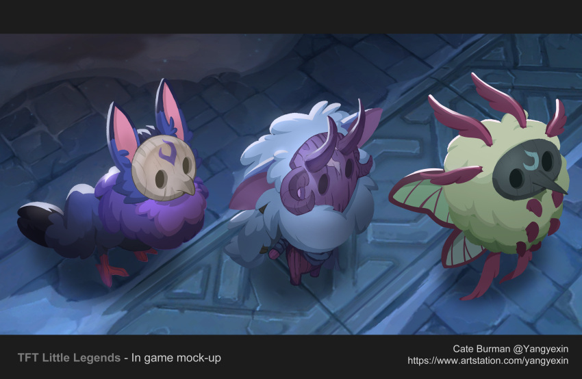 absurdres artist_name copyright_name highres hollow_eyes horns kindred_(league_of_legends) league_of_legends little_legend mask no_humans outdoors standing teamfight_tactics web_address wings yangyexin