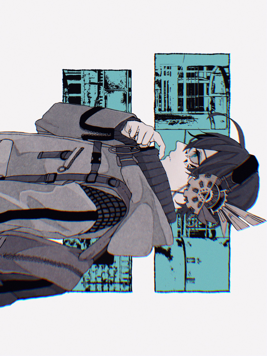 1boy absurdres black_hair breast_pocket chromatic_aberration closed_mouth from_side green_eyes grey_background grey_hoodie hand_up headphones highres hood hoodie lips male_focus pocket serious short_hair sideways solo standing tsubame-shi_(tubame) upper_body