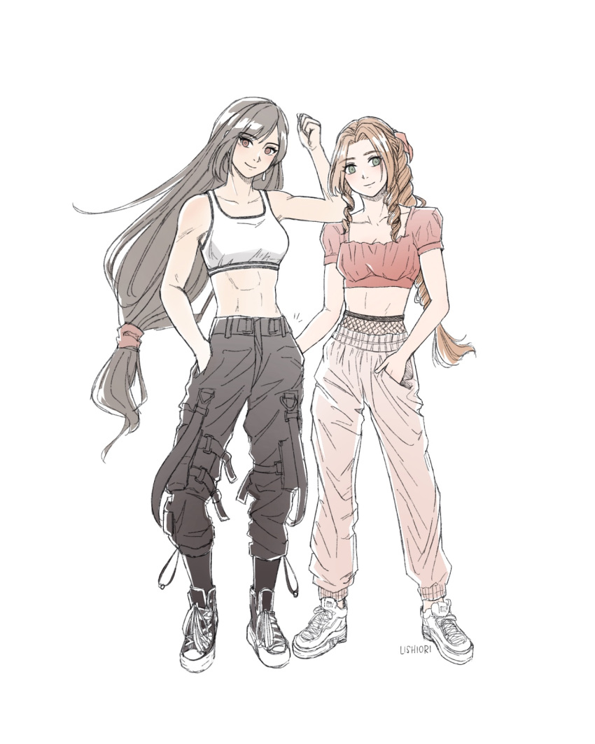 2girls adapted_costume aerith_gainsborough artist_name bare_arms bare_shoulders black_hair black_pants breasts brown_eyes brown_hair clenched_hand commentary crop_top drill_locks english_commentary final_fantasy final_fantasy_vii grey_eyes hand_in_pocket hand_up highres lishiori long_hair looking_at_viewer low-tied_long_hair medium_breasts midriff multiple_girls navel pants pink_pants red_shirt shirt shoes simple_background smile sneakers sports_bra stomach tifa_lockhart very_long_hair white_background white_footwear