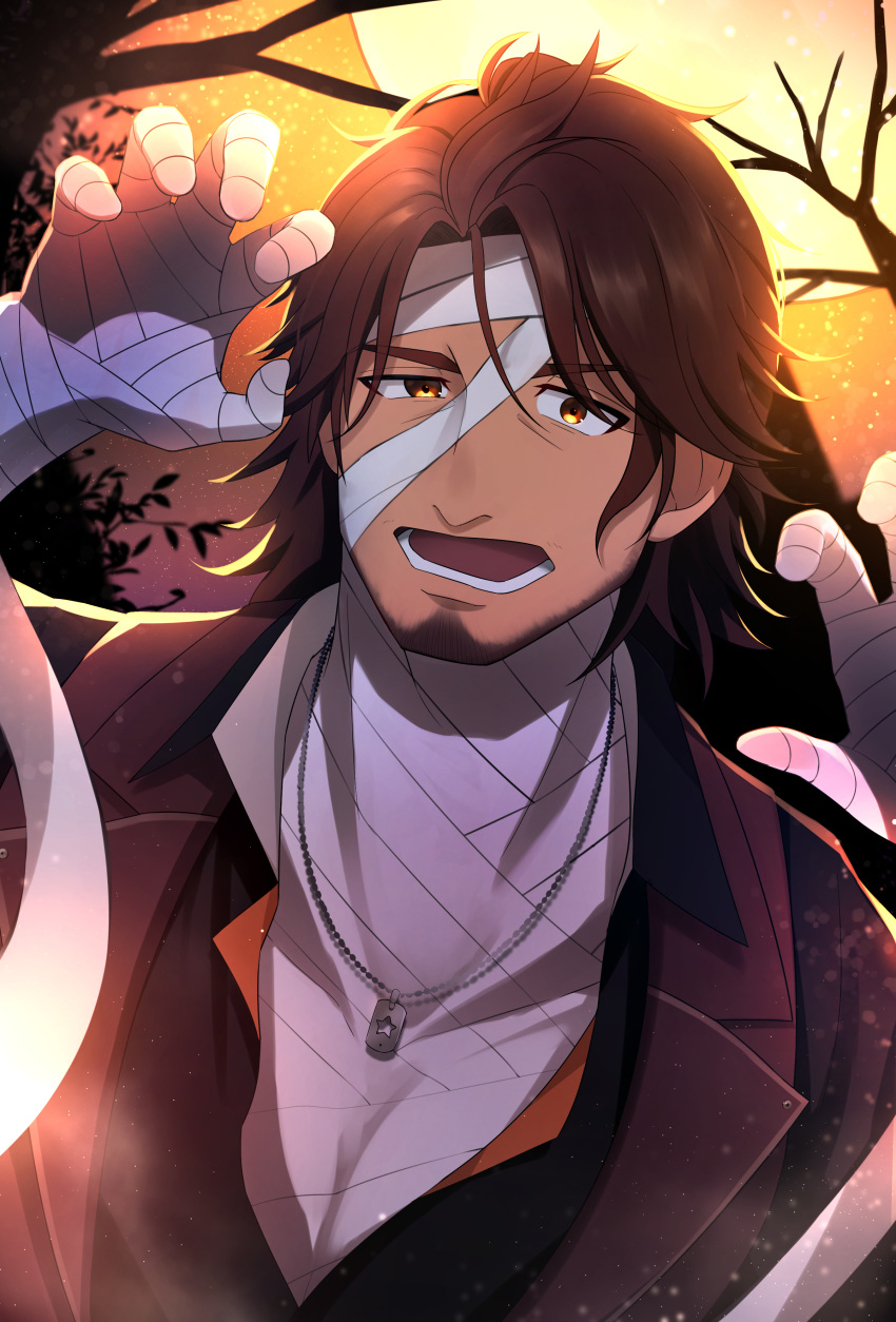 1boy absurdres bandaged_arm bandaged_hand bandages bangs bare_tree belmond_banderas black_shirt brown_eyes brown_hair brown_vest choco_(chocovix112) claw_pose eyebrows_visible_through_hair facial_hair full_moon hands_up highres long_hair looking_at_viewer male_focus moon mummy_costume nijisanji open_mouth parted_bangs shirt solo stubble thick_eyebrows tree upper_body v-shaped_eyebrows vest virtual_youtuber