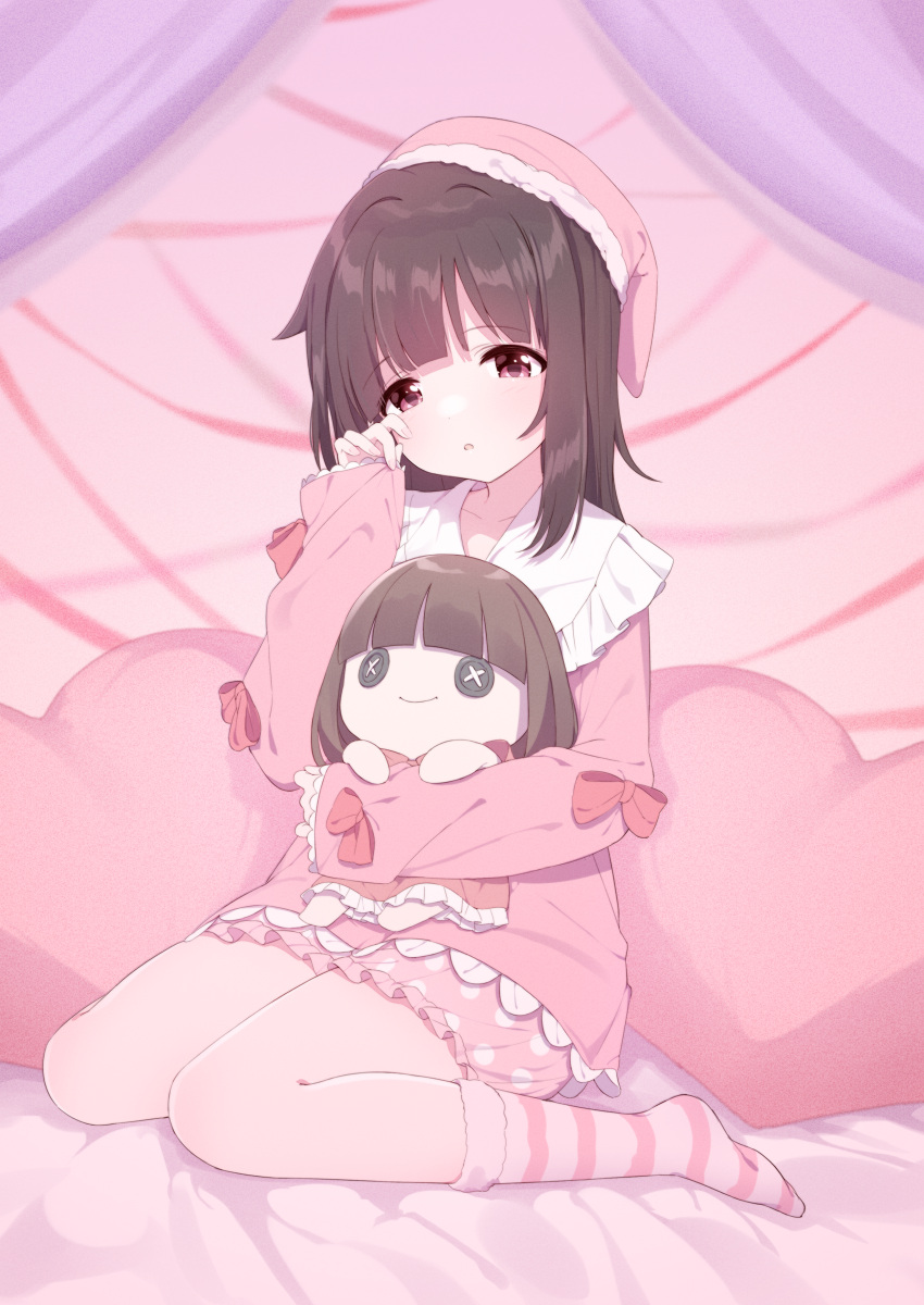 1girl :o absurdres bangs blush bow brown_hair child commission curtains doll doll_hug fallenshadow flat_chest fluffy_legwear half-closed_eyes hand_on_own_face hat heart heart_pillow highres indie_virtual_youtuber loli long_sleeves medium_hair messy_hair nightcap norada object_hug on_bed pajamas pillow pink_background pink_bow pink_eyes pink_pajamas pink_shorts ribbon rubbing_eyes shorts sidelocks sitting sitting_on_bed skeb_commission sleepwear sleepy socks virtual_youtuber