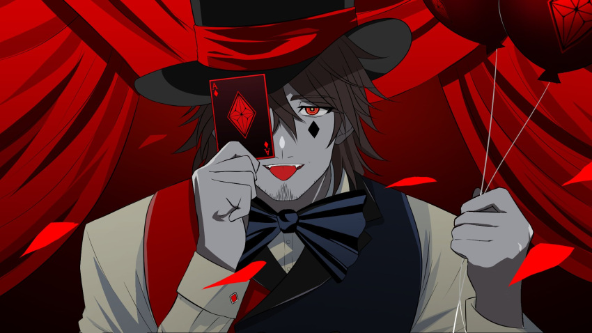 1boy :p ace_of_diamonds balloon bangs belmond_banderas black_bow black_bowtie black_hair black_vest bow bowtie card choco_(chocovix112) curtains diamond_(shape) envy_baby_(vocaloid) eyebrows_visible_through_hair fangs hair_between_eyes hands_up highres holding holding_balloon holding_card long_sleeves looking_at_viewer male_focus nijisanji parted_lips playing_card red_eyes red_vest shirt smile solo thick_eyebrows tongue tongue_out upper_body vest virtual_youtuber white_shirt