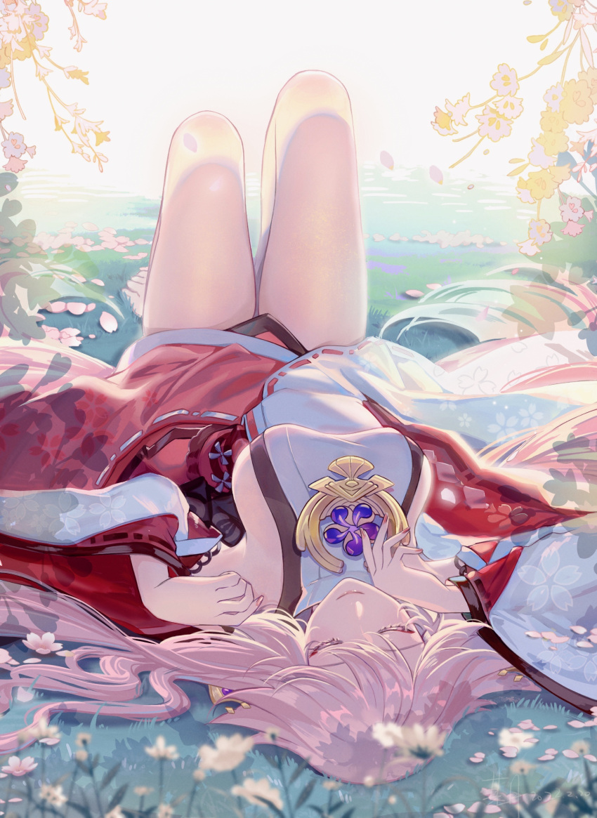 1girl absurdres bare_legs barefoot breasts closed_eyes flower genshin_impact highres japanese_clothes ji_yue knees_up large_breasts long_hair lying on_back outdoors pink_hair sideboob sleeping smile solo upside-down wide_sleeves yae_miko