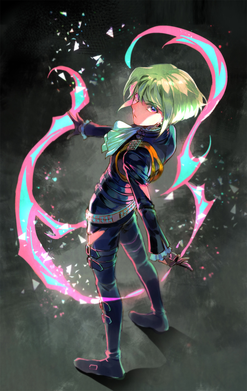 1boy 302 ascot black_gloves black_jacket broken_glass fire from_behind full_body glass gloves green_fire green_hair highres jacket lio_fotia male_focus promare purple_fire pyrokinesis solo standing violet_eyes