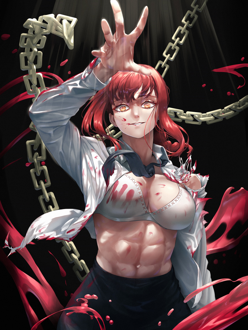 1girl abs absurdres bangs black_necktie black_pants blood bra braid braided_ponytail breasts chain chainsaw_man collared_shirt highres large_breasts long_hair long_sleeves looking_at_viewer makima_(chainsaw_man) muscular muscular_female necktie pants qtime4_702 redhead ringed_eyes shirt smile solo toned underwear white_shirt yellow_eyes