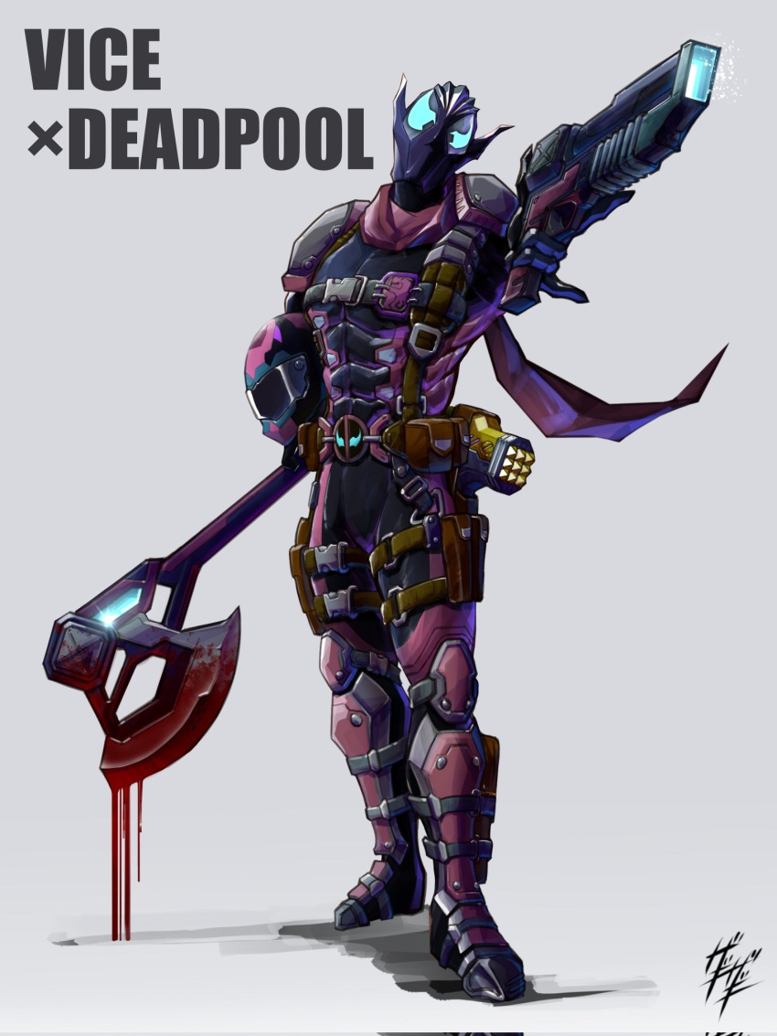 1boy adapted_costume armor axe belt_buckle blood blood_on_weapon buckle commentary_request cowboy_shot crossover deadpool demon_boy dripping full_body fusion gun hair_slicked_back hammer handgun helmet highres holster holstered_weapon kamen_rider kamen_rider_revice kamen_rider_vice mallet marvel pink_armor pink_scarf pistol pointy_ears scarf shoulder_armor tyrannosaurus_rex vice_(kamen_rider_revice) weapon white_hair zagizagi