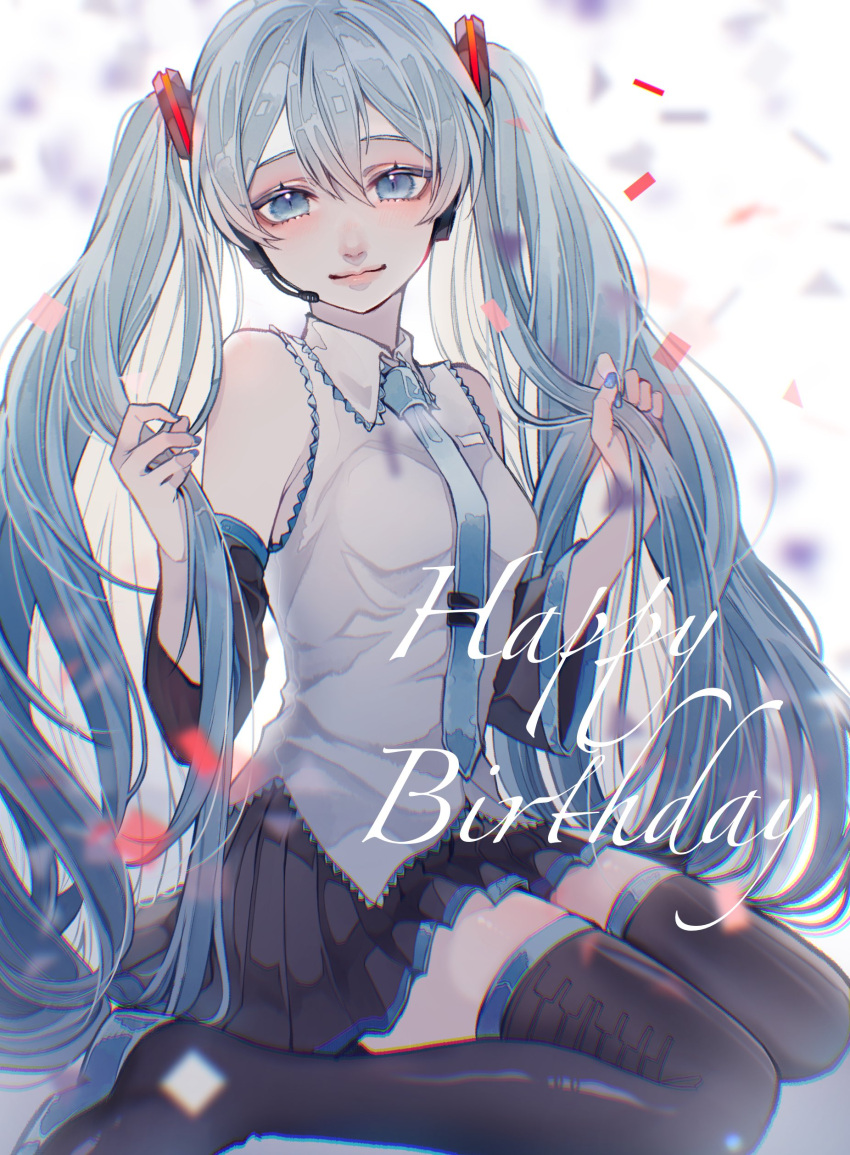 1girl absurdres bangs bare_shoulders black_legwear black_skirt black_sleeves blue_eyes blue_hair blue_nails blue_necktie blurry blurry_background breasts chromatic_aberration collared_shirt commentary detached_sleeves eyebrows_behind_hair hair_between_eyes hands_up happy_birthday hatsune_miku highres holding holding_hair lips long_hair looking_at_viewer medium_breasts necktie nose pleated_skirt shirt sitting skirt sleeveless sleeveless_shirt slit_pupils smile solo thigh-highs thighs tie_clip tsubame-shi_(tubame) twintails vocaloid wariza white_background white_shirt wide_sleeves zettai_ryouiki